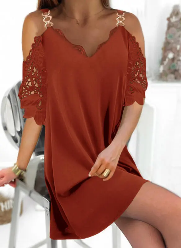 Solid Lace Three quarter Sleeve Straight V Neck Dress Red - Shop at LoveMi