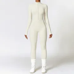 Warm Zipper Long-sleeved Jumpsuit Yoga Fitness Sports Pants Breathable Bodysuit Women's Clothing - Cream - View 1