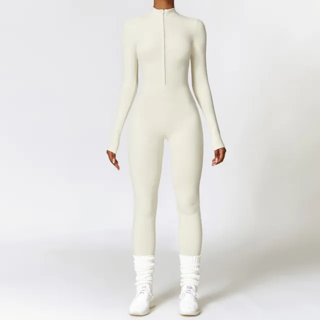 Warm Zipper Long sleeved Jumpsuit Yoga Fitness Sports Pants Breathable Bodysuit Women's Clothing Cream - Shop at LoveMi