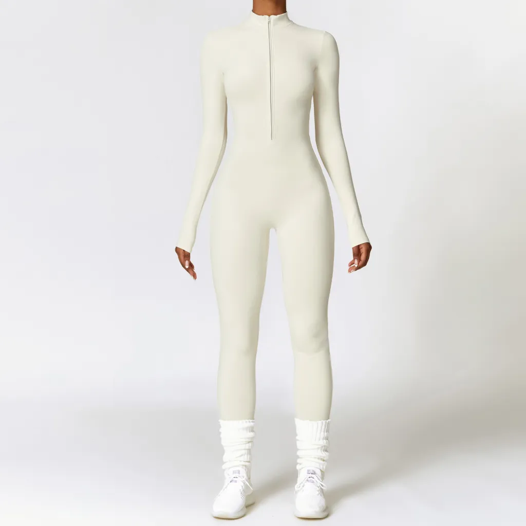 Warm Zipper Long-sleeved Jumpsuit Yoga Fitness Sports Pants Breathable Bodysuit Women's Clothing - Cream