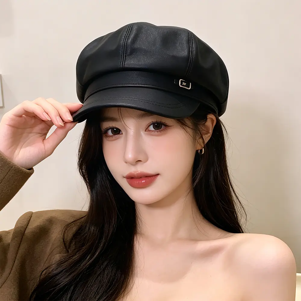 Fashionable Retro Matte PU Solid-color Newsboy Hat