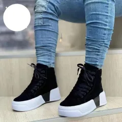 Chunky Heel Boots Round Toe Lace-Up Flats Shoes Suede Ankle Boots - Black - View 1