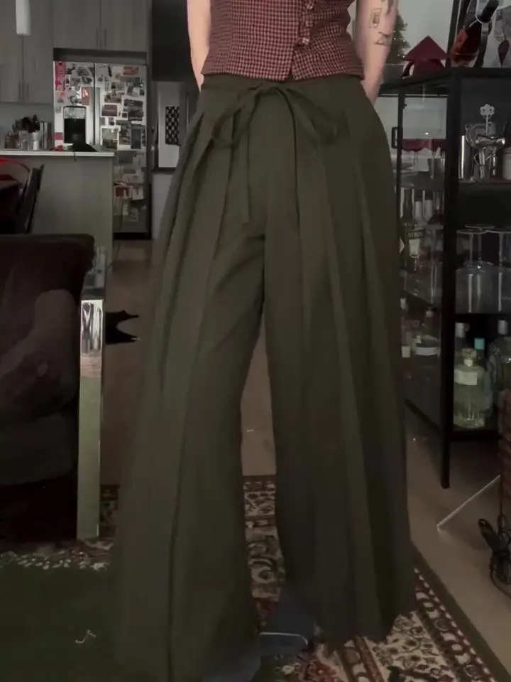 Military Green High Waist Wide-Leg Draped Pants
