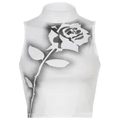 Individual Rose Print High Short Sleeveless Tank Top - White - View 1
