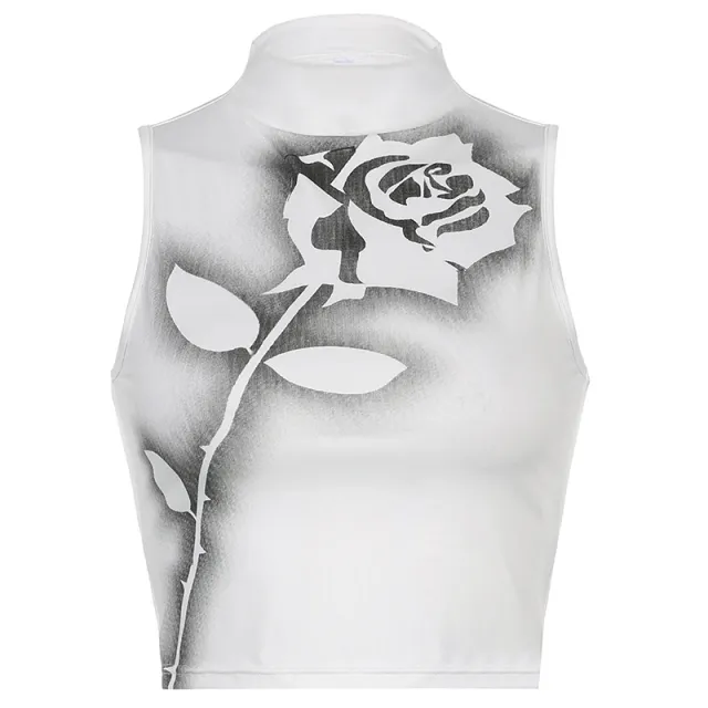 Individual Rose Print High Short Sleeveless Tank Top White - Shop at LoveMi