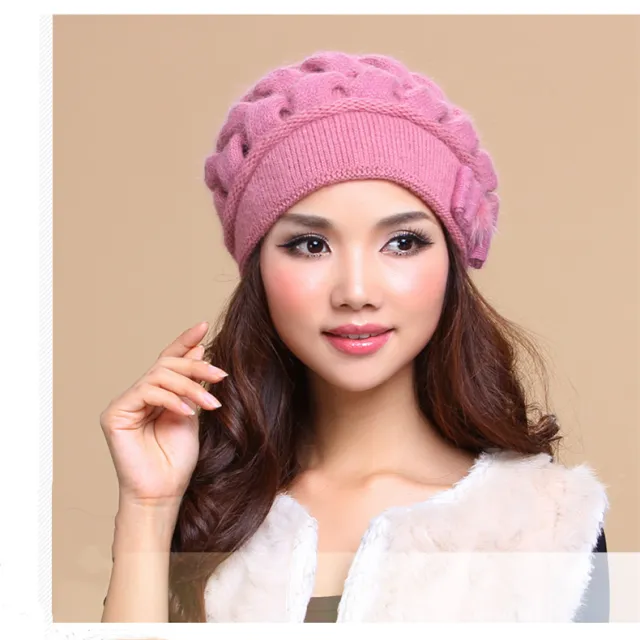 Women's Autumn And Winter Wool Double Layer Warm Knitted Rabbit Fur Hat Pink - Shop at LoveMi