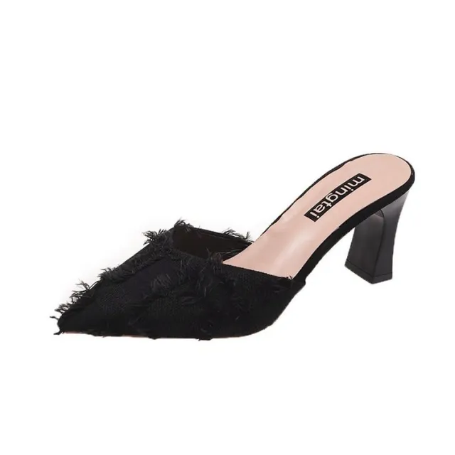 Women's Pointed Toe Baotou Mid heel Sandals And Slippers Black - Shop at LoveMi