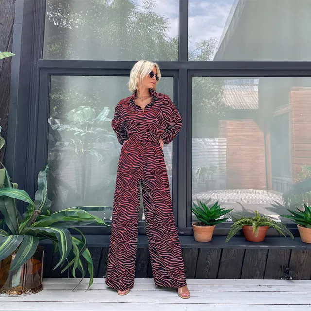 Fashion Print Lapel Long Sleeve High Waist Loose Casual Jumpsuit Wine Red - Shop at LoveMi