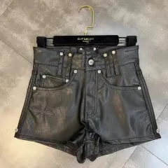 Midnight Biker Studded Cross Faux Cropped Leather Jacket - Shorts - View 1