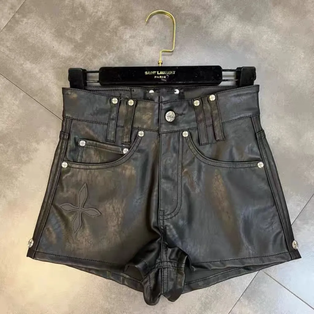 Midnight Biker Studded Cross Faux Cropped Leather Jacket - Shorts
