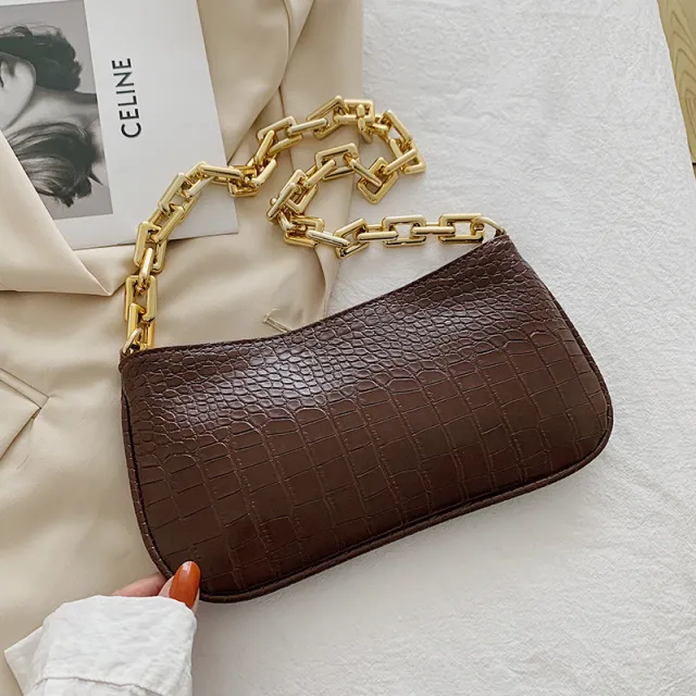 New Style Hand carry Personality Fashion Patent Leather Armpit Baguette Small Shoulder Bag Brown - Shop at LoveMi