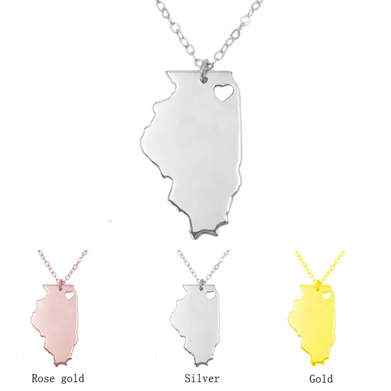 United States Of America Illinois State Map Stainless Steel Necklace