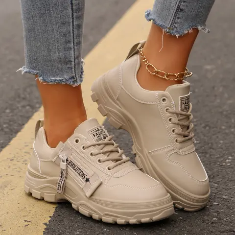Lace-up Sports Shoes with Side-Zipper Design Fashion Thick-soled Round-toe