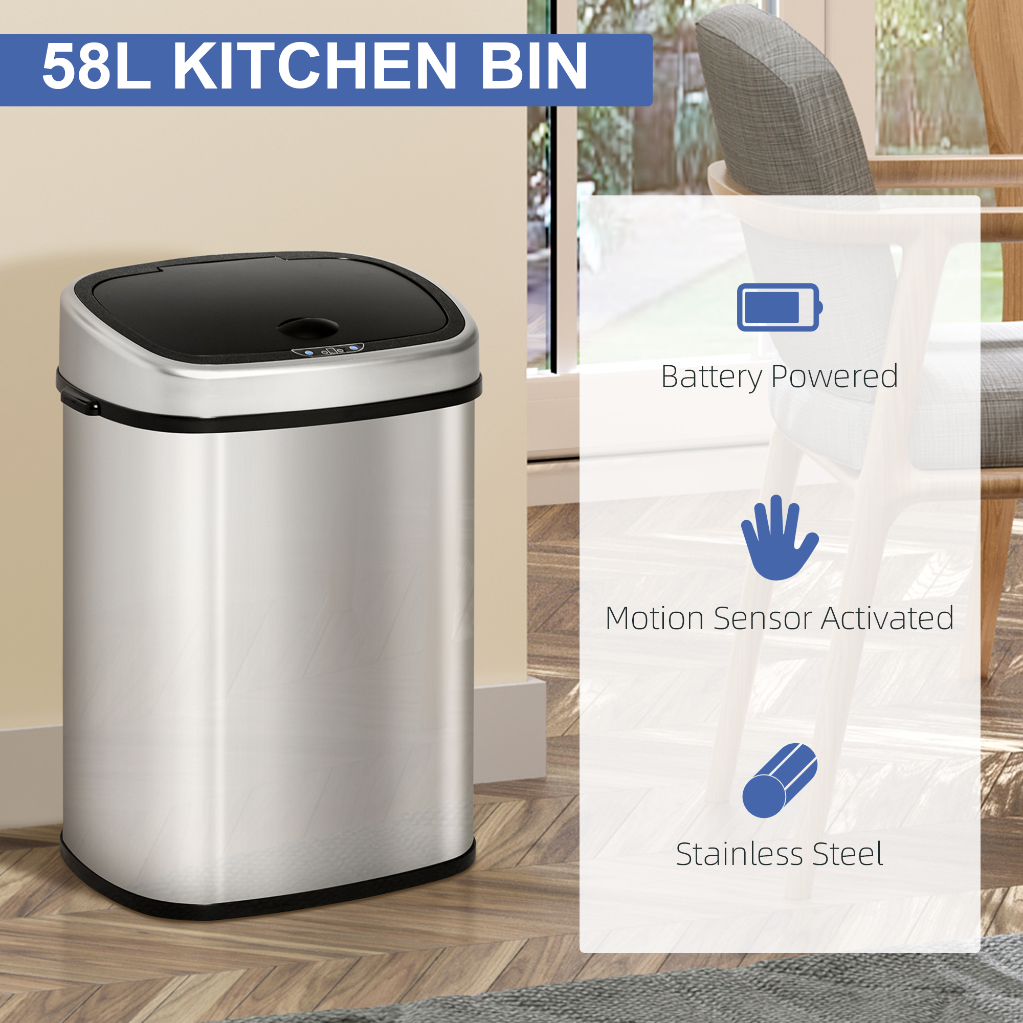 58 Liter-Stainless Steel Kitchen Sensor Garbage Bin Automatic Non-contact — image 3