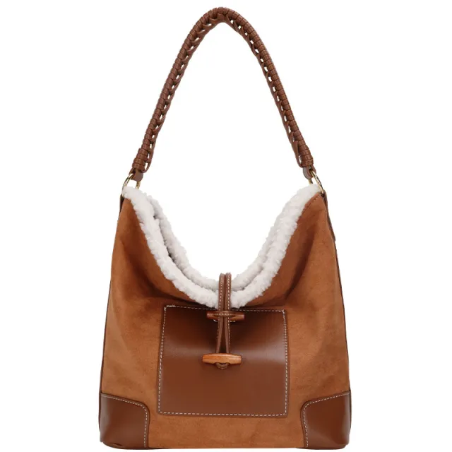 Spliced Bucket Bag Large Capacity One Shoulder Tote Brown - Shop at LoveMi