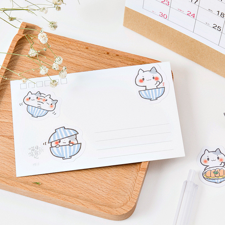 A Bowl of 50 Cat Stickers | Cat & Asian Food Themed