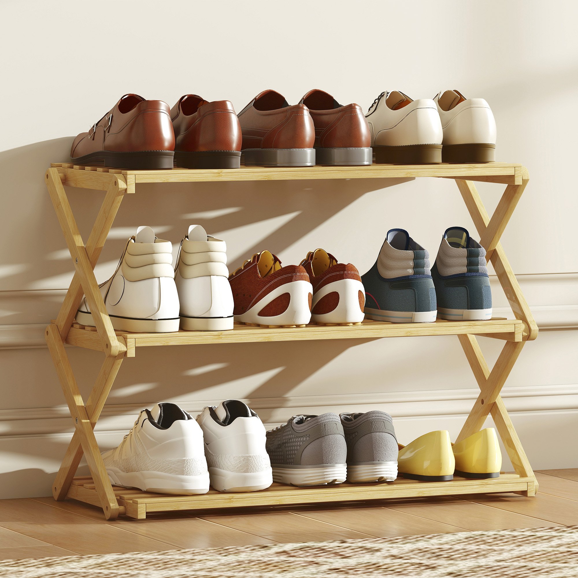 Three Layer Folding Bamboo Shoe Rack - Natural Color — image 4