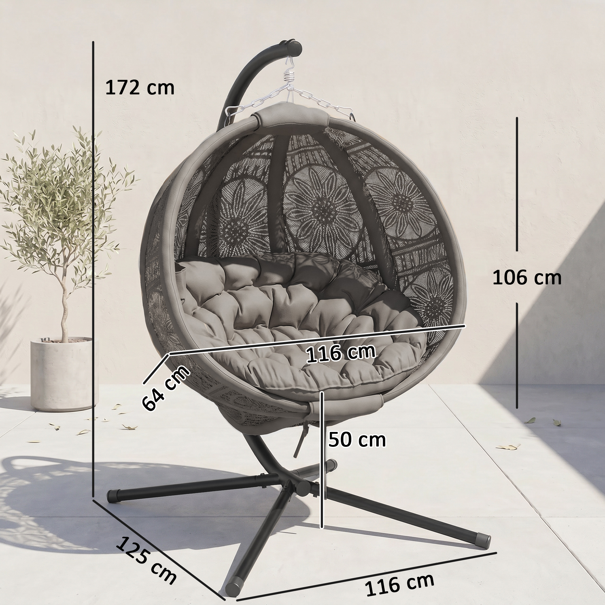Round Egg Basket Chair With Steel Bracket, Charcoal Gray — image 3