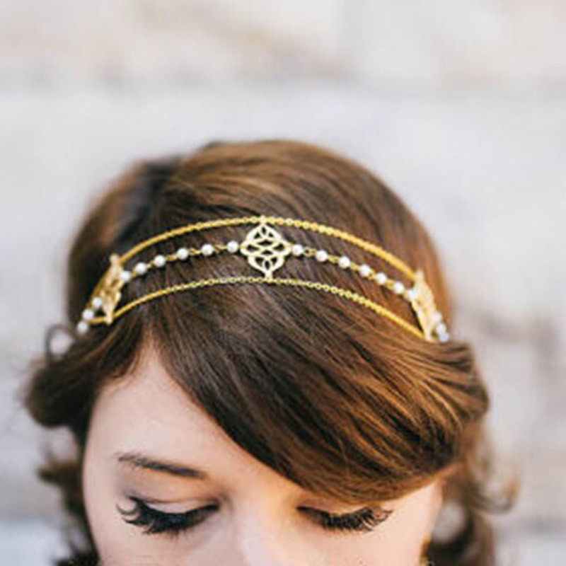 Jewelry European And American Style Popular Beaded Auspicious Pearl Tassel Headband Hair Accessories Gold - Shop at LoveMi