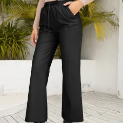 PU Loose Trousers Motorcycle Leather Straight Leg Wide Leg Leather Pants Women - Black - View 1