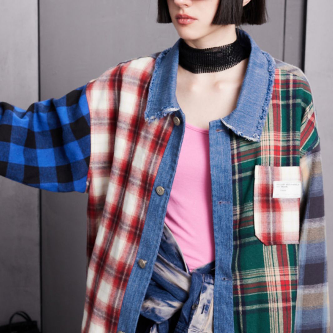 Retro Color Contrast Patchwork Polo Collar Jacket