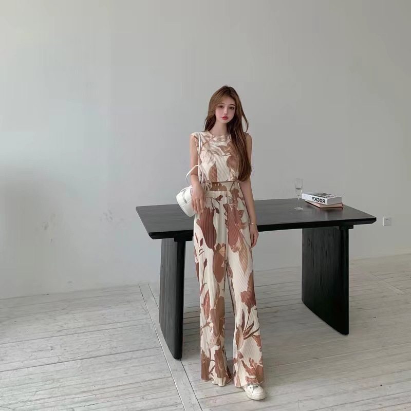 Ice Silk Thread T-Shirt High Waist Wide Leg Suit