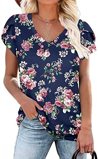 Women's Cotton Short Sleeve Shirt Dark Blue Printing - Shop at LoveMi