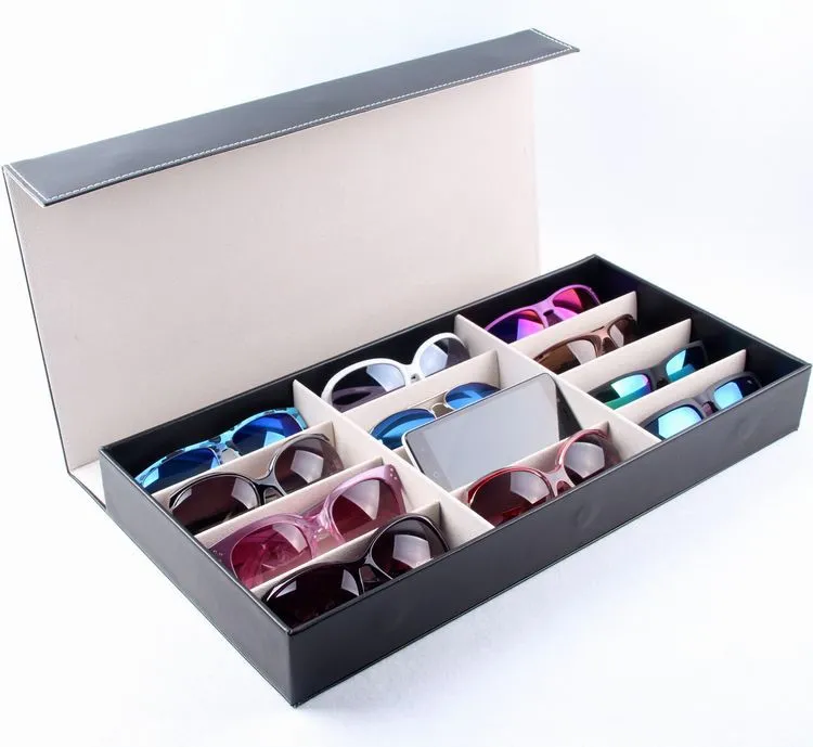 High-end Glasses Storage Box Grid PU Leather Sunglasses Display Box Glasses Display Stand Black - Beige