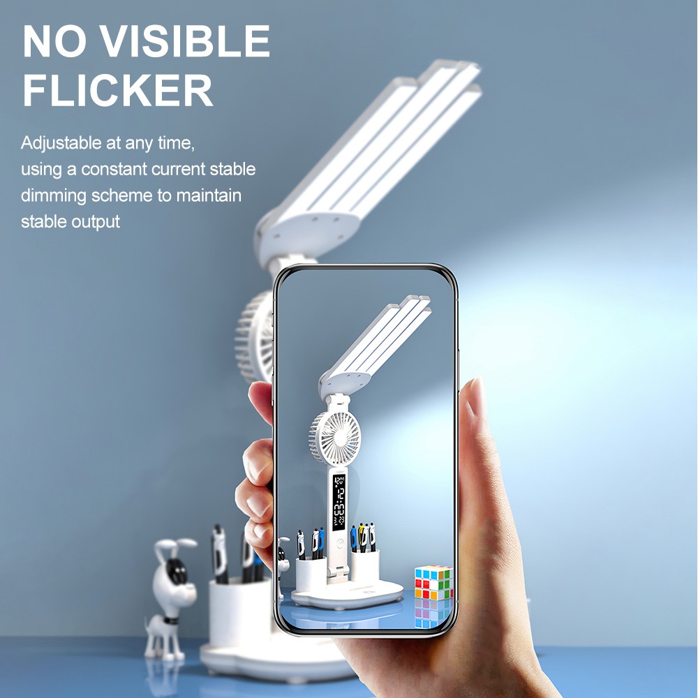 4-Head LED Desk Reading Lamp With Fan Clock Dimmable Rechargeable Touch Light
