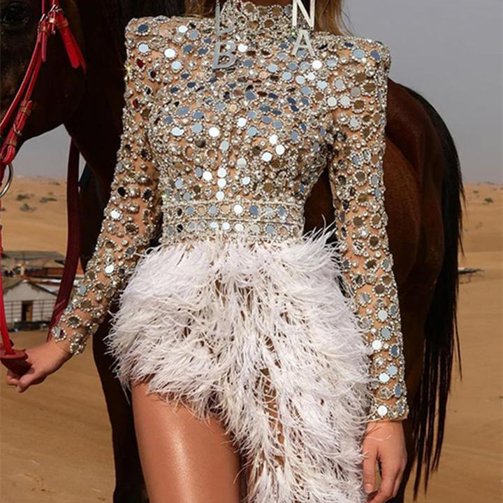 Sprinkled Gold Round Neck Party Dress Slit Skirt Photo Color - Shop at LoveMi