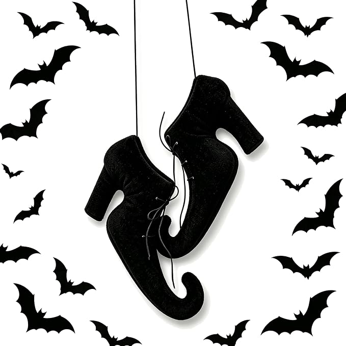 Halloween Witch Shoes Hanging Ornament, 3D Witch Boot Decor With 24 Bats For Door, Wall, Tree, Porch And Party Decorations