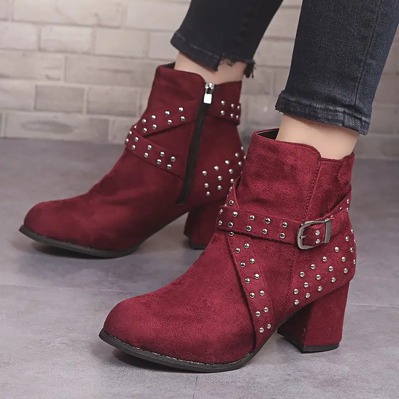 Large Size Thick Heel Ankle Boots Autumn And Winter Suede Belt Buckle High Heel