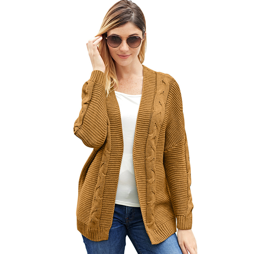 Long-sleeved Knitted Cardigan Solid Color Mid-length Twist Sweater Women's Jacket