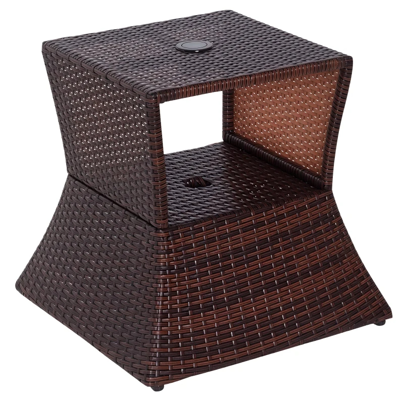Outdoor Side Table With Umbrella Hole, 2 Tier Rattan Wicker End Table With Storage Shelf, All Weather For Outdoor, Patio, Garden, Backyard, Mixed Brown