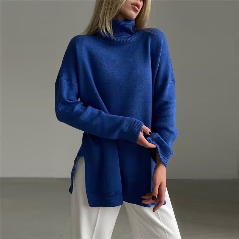 Loose Pullover Sweater Fashion Split High Neck Versatile Sweater Women