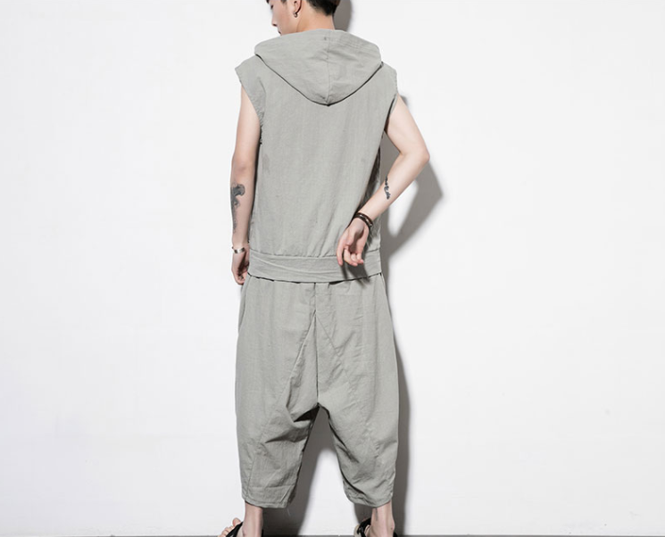 Two-piece Cotton And Linen Solid Color Hooded Vest And Bloomers