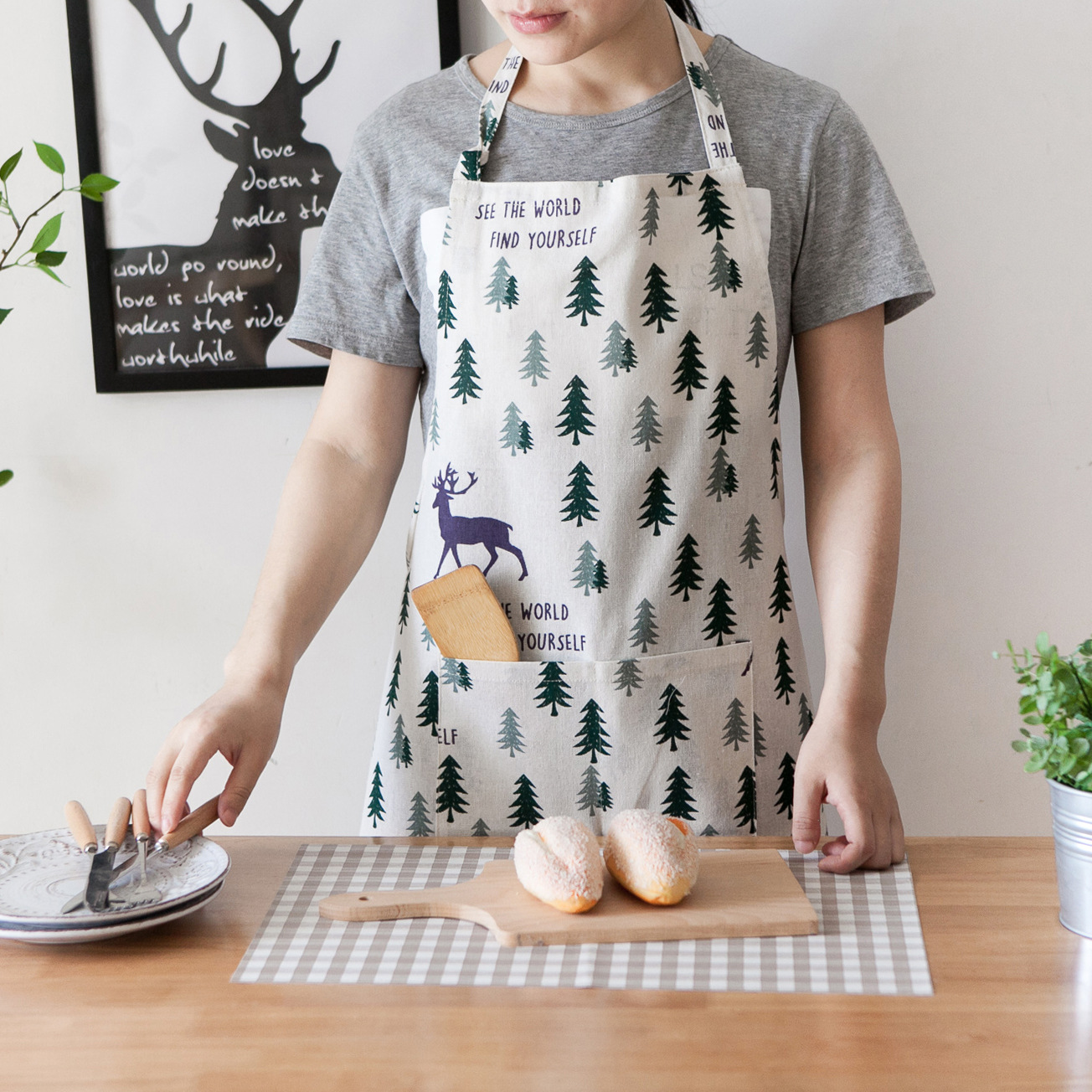 Title 2, Fawn plus cotton linen apron English printing a...