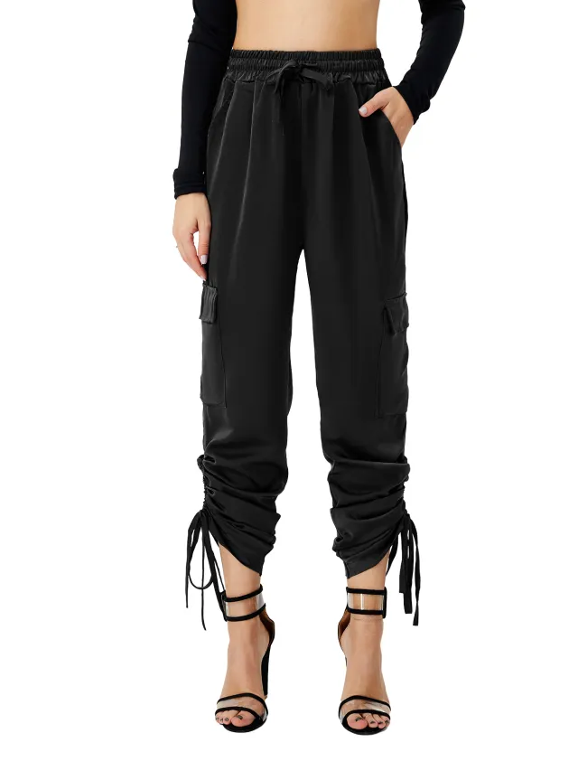 Women's Satin Jogger Pants Casual High Waist Long Lounge Pant Trousers With Pockets Black - Shop at LoveMi