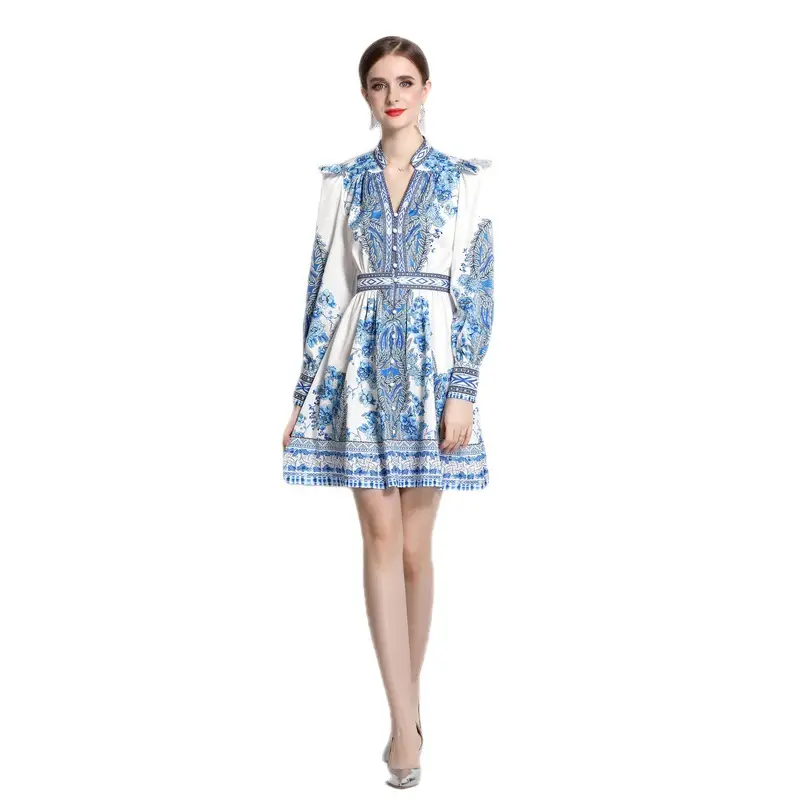 V-neck Single Breasted Lantern Sleeve Waist Dress