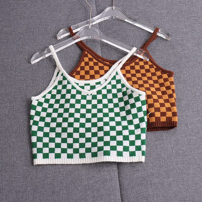 Title 4, Checkerboard V Collar Knitted Condole Belt Summ...