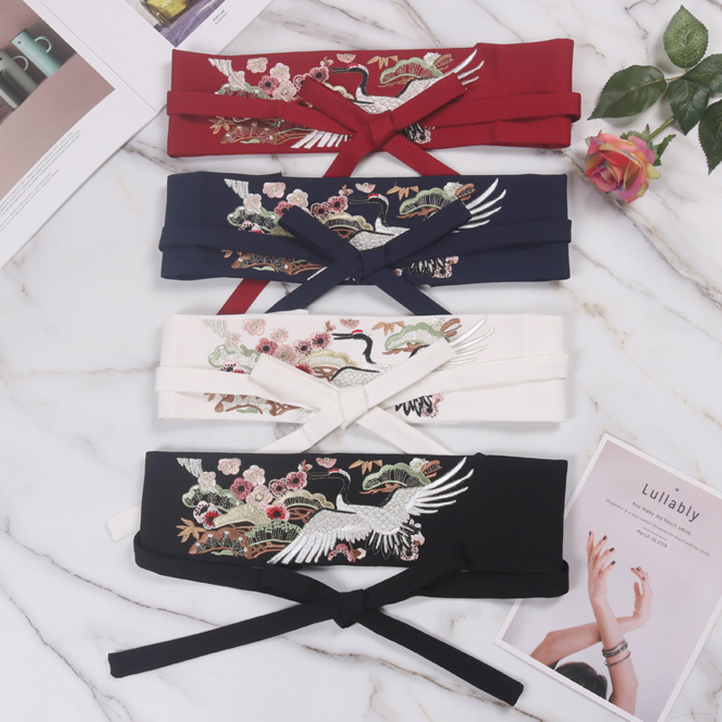 Title 3, Flower Crane Embroidery Bow Tie Tie Belt Waist ...