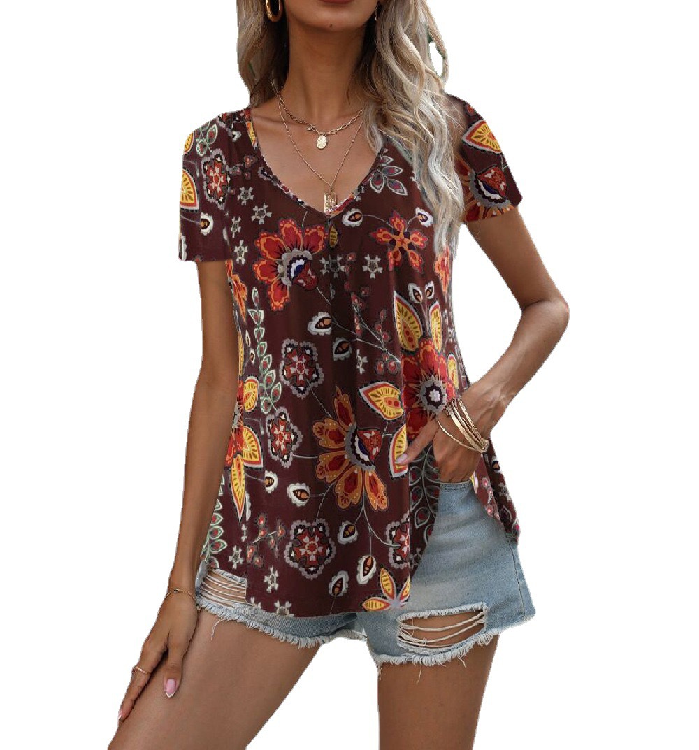 Women's Multicolor V-Neck Printed Short Sleeve T-Shirt