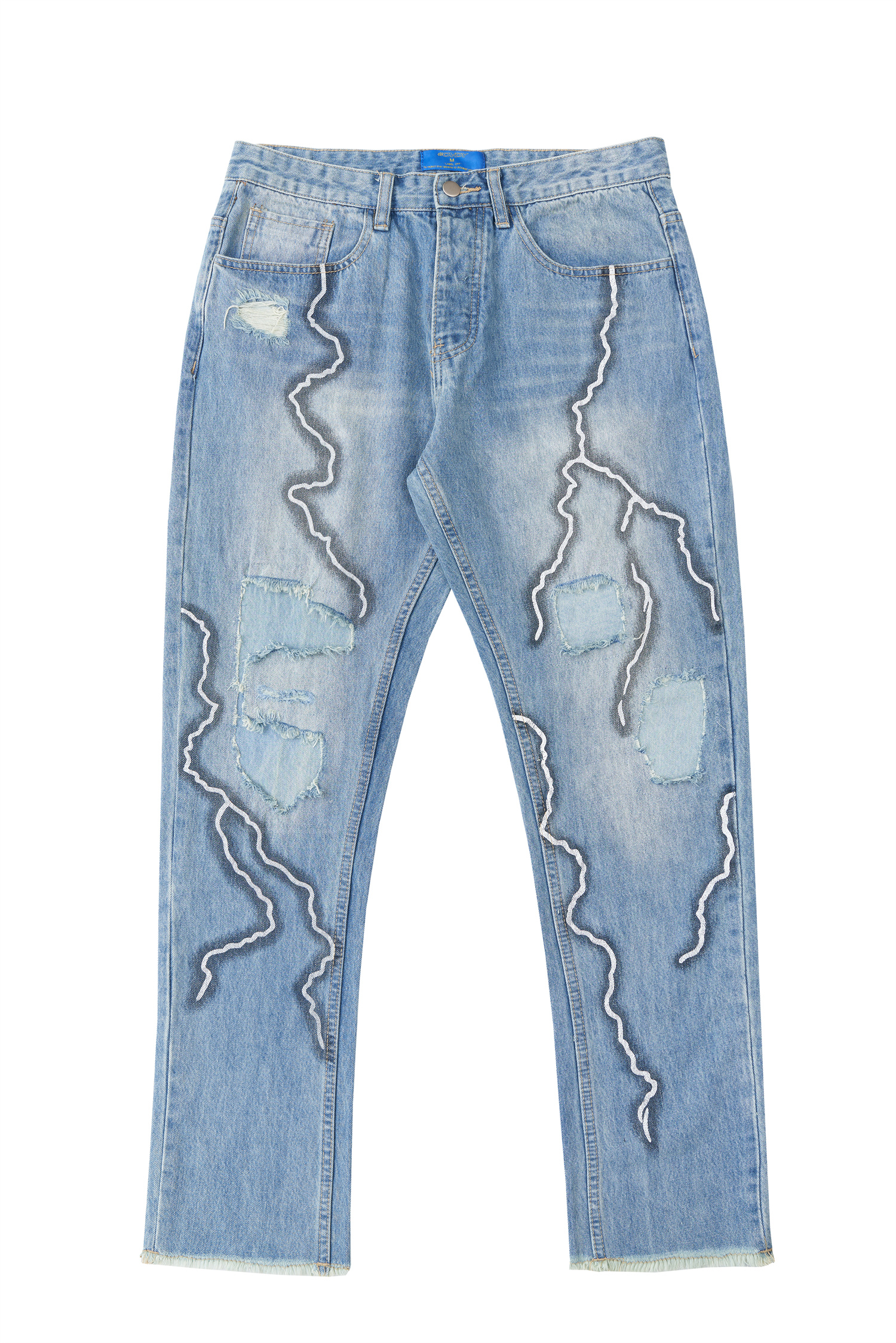Jeans Lightning Stitching Fabric Stitching Ragged Hip-hop Trousers For Men And Women