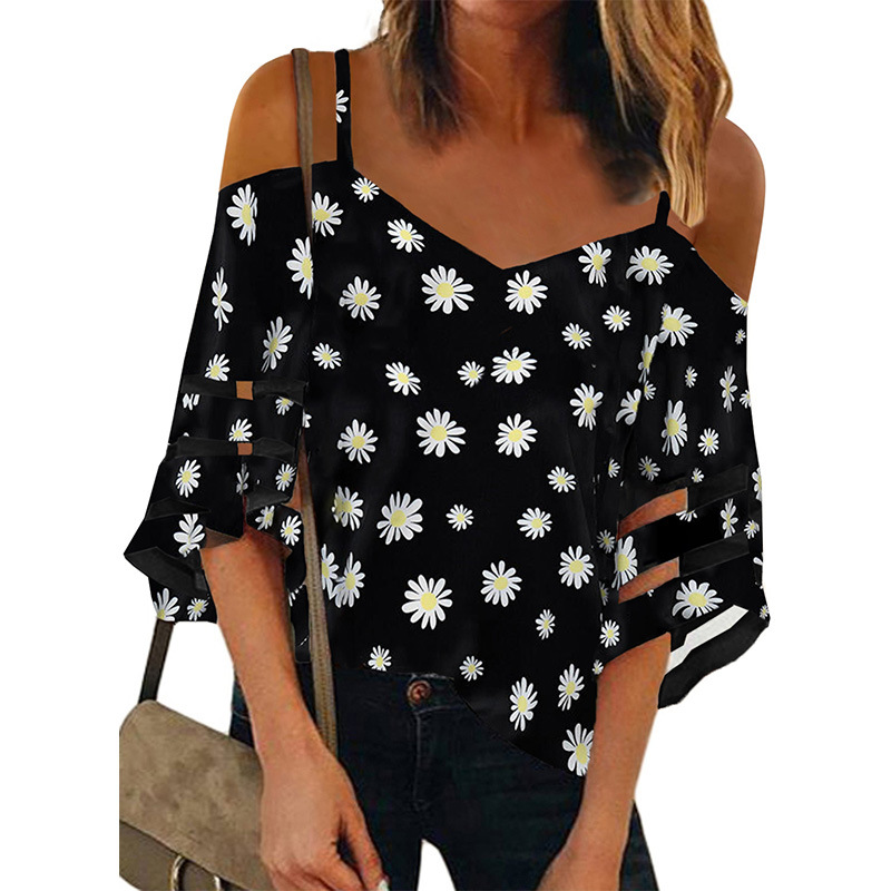 Flared Sleeve V-neck Printed Off Shoulder Sling