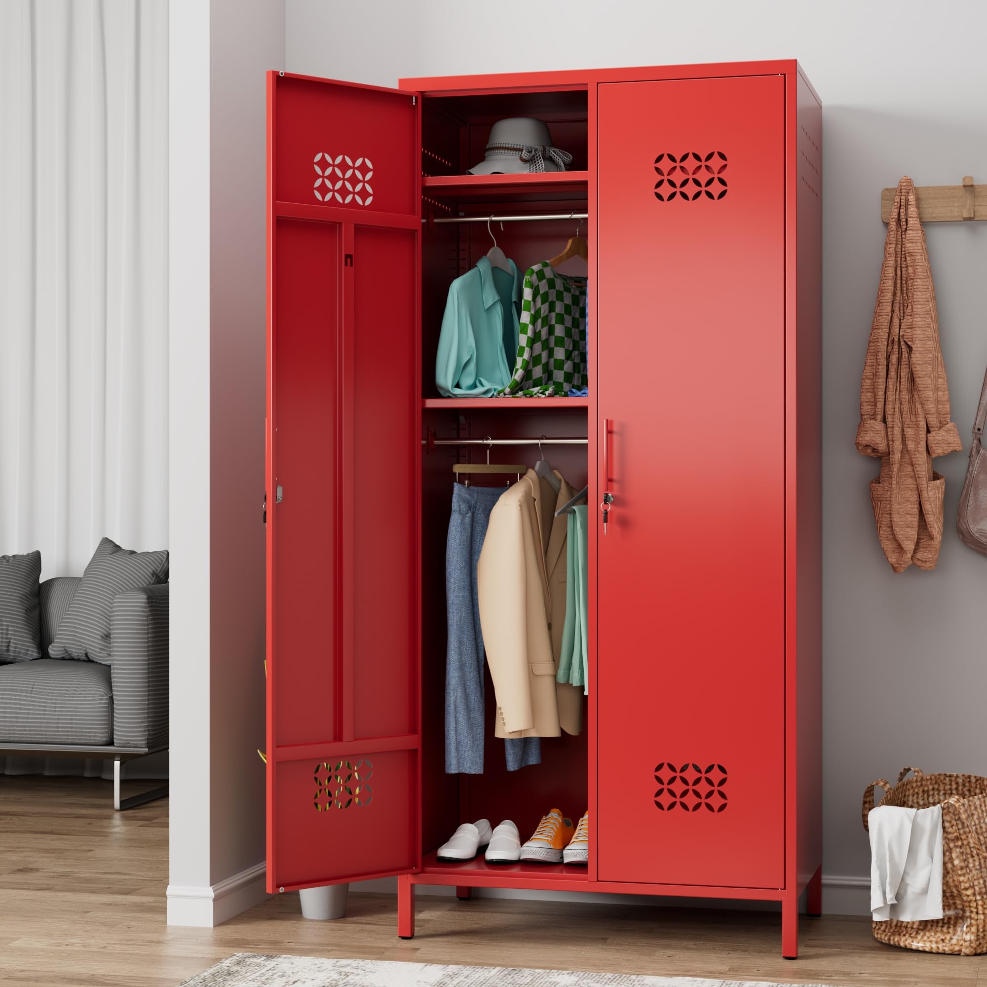 Deepen Metal Wardrobe Cabinet With Adjustable Shelves,Wardrobe Closet For Hanging Clothes,Metal Wardrobe Storage Cabinet For Home,Assembly Required,Red
