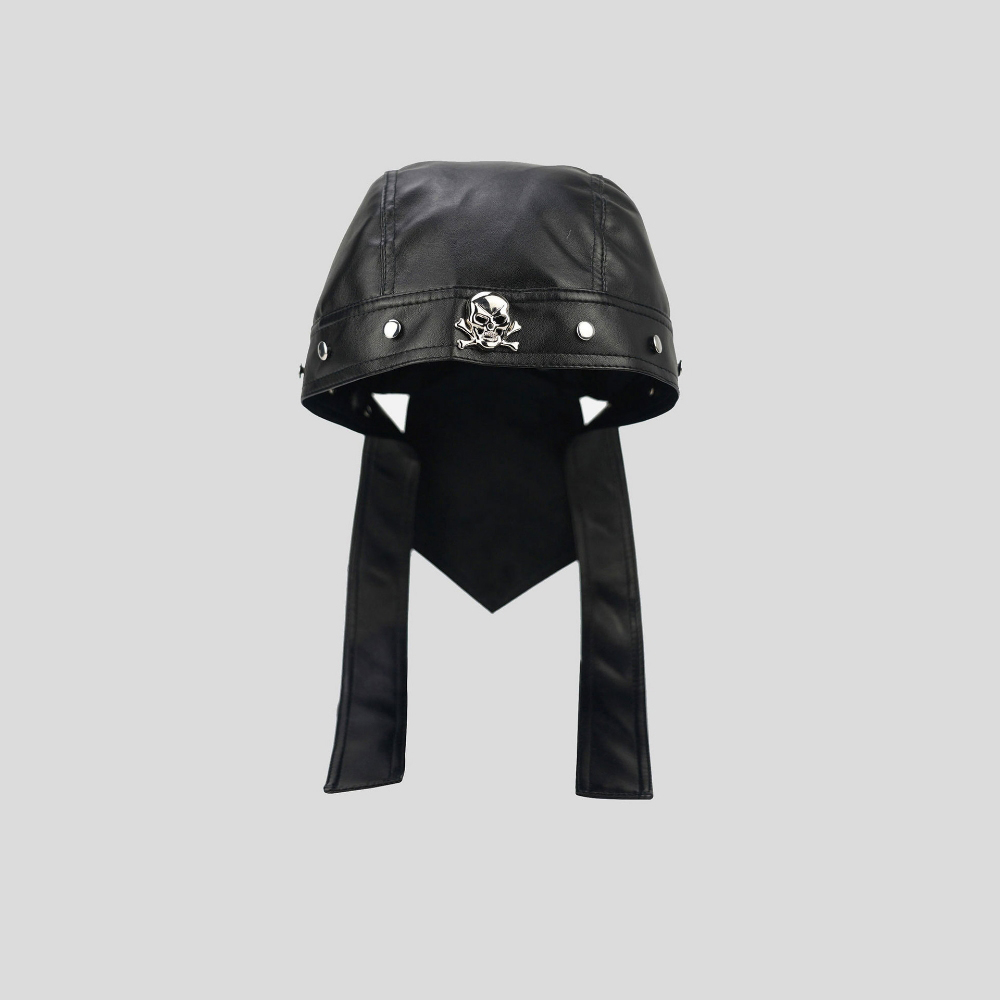 Men's And Women's Size. Black PU Leather Skull Rivet Ribbon Street Punk Style Pirate Hat. Suitable For Motorcycle Outfits. Daily Personalized Ear Protection Hat.