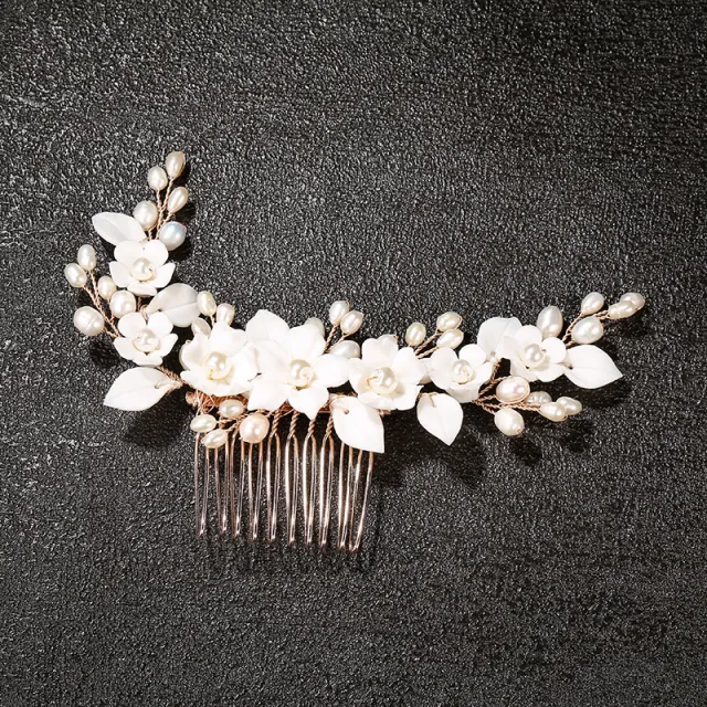 Ceramic Flower Bridal Headdress Hair Comb Gold - Shop at LoveMi