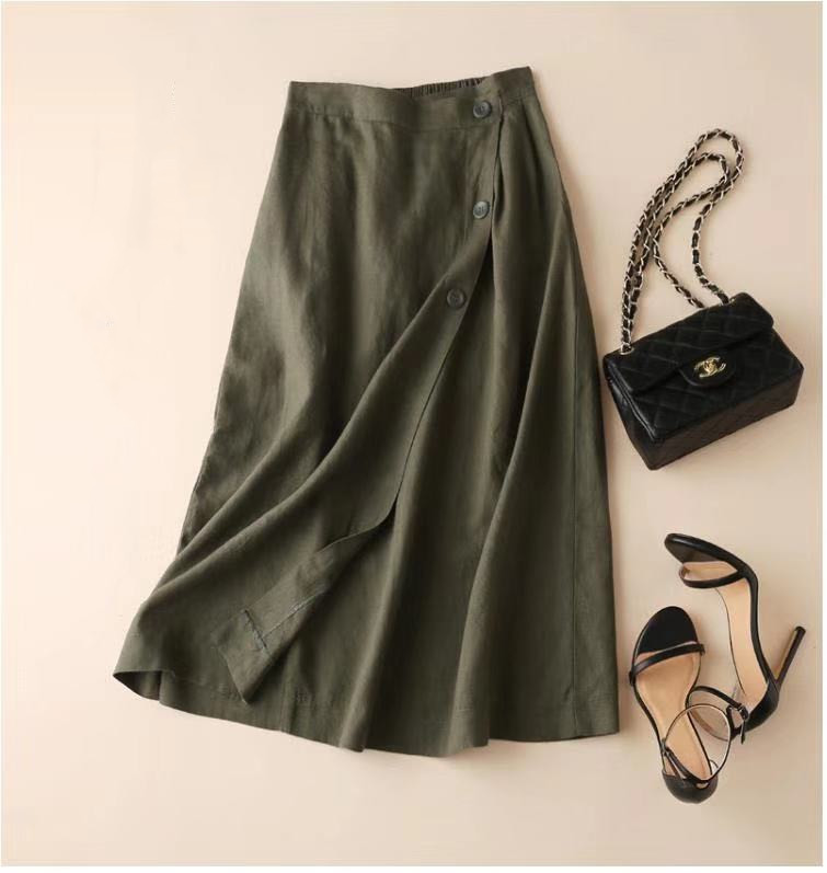 Women's New Casual Cotton Linen Medium Long Elastic Waist Skirt