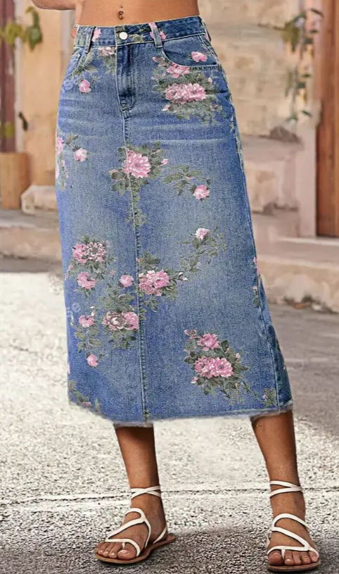 Vintage Printed Denim Midi Skirt, High-waisted Mid-length Multi-pattern Bodycon Skirt, Casual Denim Skirt For All Seasons