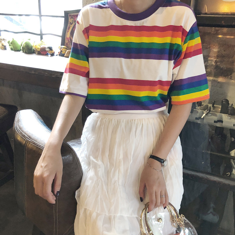Harajuku style rainbow striped short sleeves